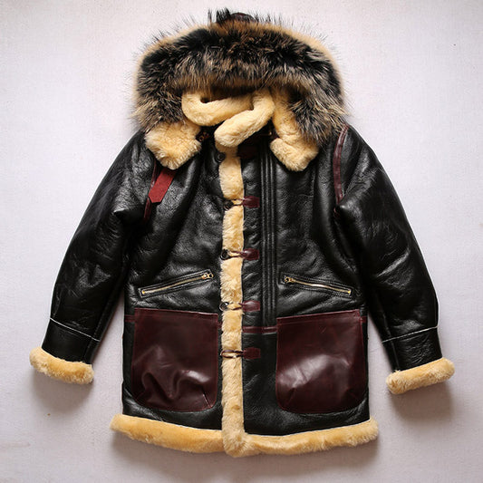 B7 Flight Suit Sheepskin Jacket with Detachable Hood, Mid-Length, Sheepskin