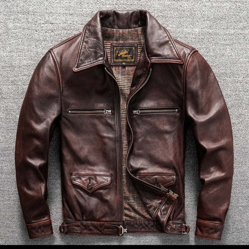 Men's cowhide genuine leather jacket flight suit short jacket