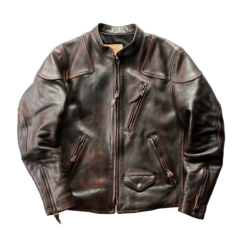 RL genuine leather jacket men's stand collar heavy washed first layer cowhide retro distressed motorcycle jacket