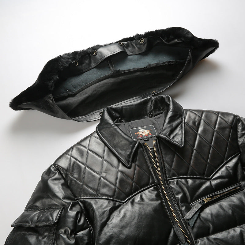 Men's winter motorcycle-style patchwork horsehide and sheepskin down jacket, genuine leather down jacket