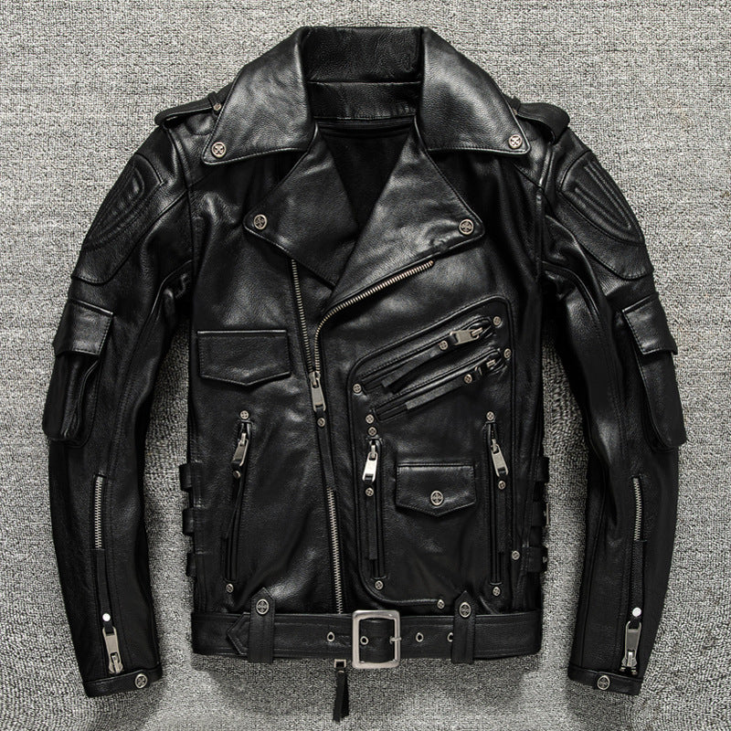 Men's top layer cowhide leather motorcycle jacket short leather jacket