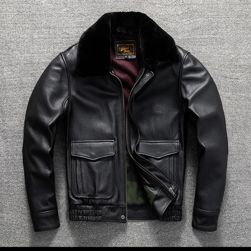 Top layer cowhide genuine leather jacket flight suit fur collar casual men's short autumn and winter large size jacket