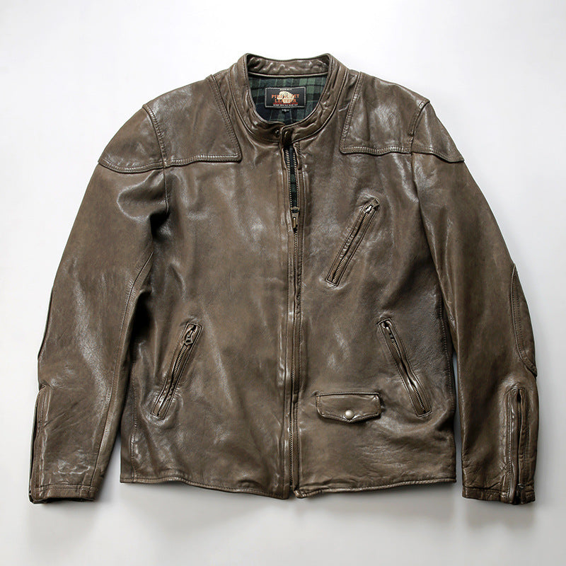 Men's sheepskin leather jacket, movie style stand collar genuine leather jacket