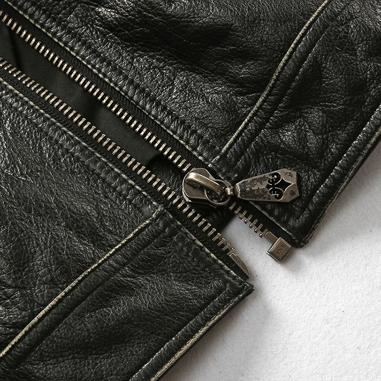 Men's motorcycle jacket with stand collar and distressed cowhide leather jacket