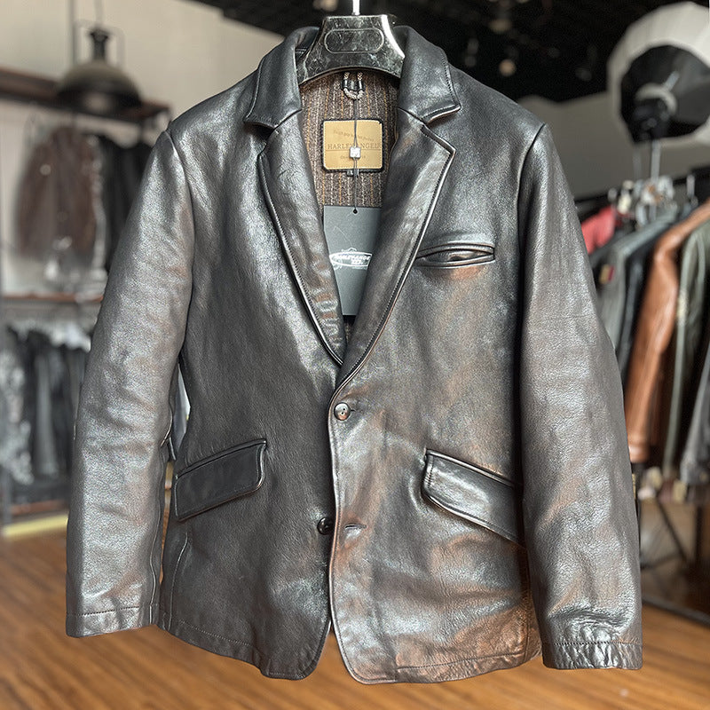 Men's American Vegetable Tanned Sheepskin Motorcycle Crinkled Leather Jacket