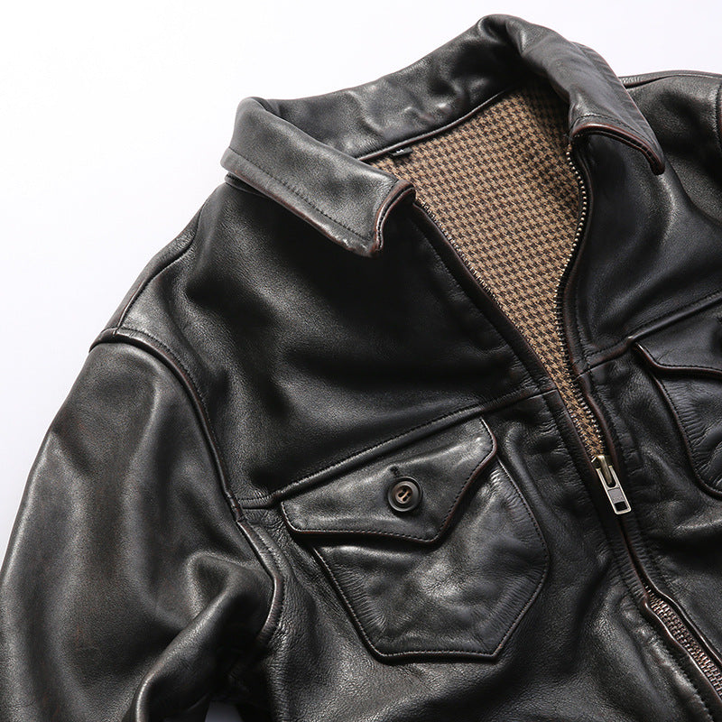 Farmer distressed vegetable tanned cowhide leather jacket for men with lapel