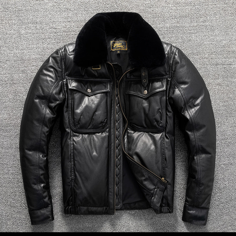 Large size men's top layer cowhide genuine leather down jacket, windproof and warm, simple winter jacket
