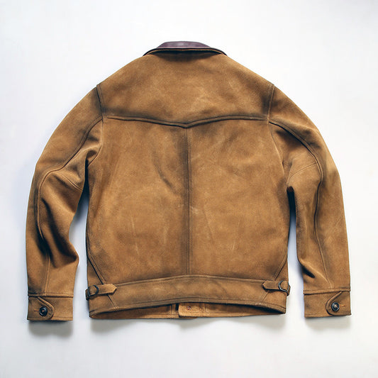 Vintage handmade RL denim leather jacket men's lapel suede leather jacket