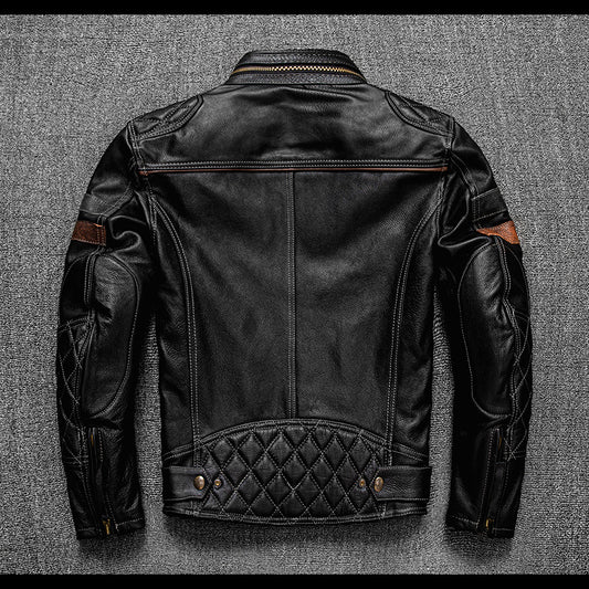 Men's top layer cowhide genuine leather jacket with stand collar motorcycle jacket and protective gear
