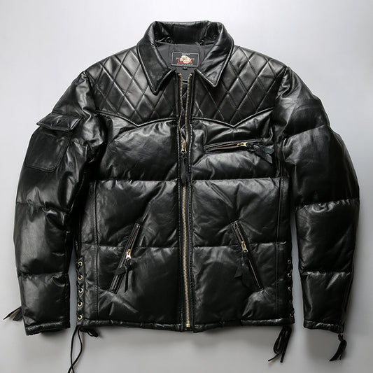 Men's winter motorcycle-style patchwork horsehide and sheepskin down jacket, genuine leather down jacket