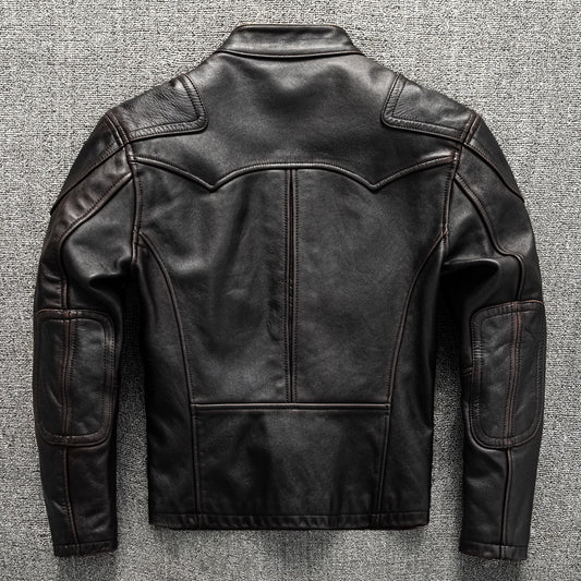 Men's vintage short slim leather jacket made of top quality horsehide leather, perfect for motorcycle riding