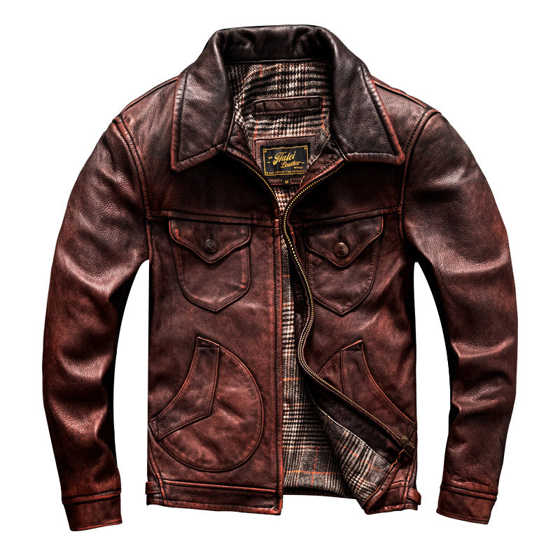 Vintage top layer cowhide men's lapel motorcycle suit genuine leather jacket