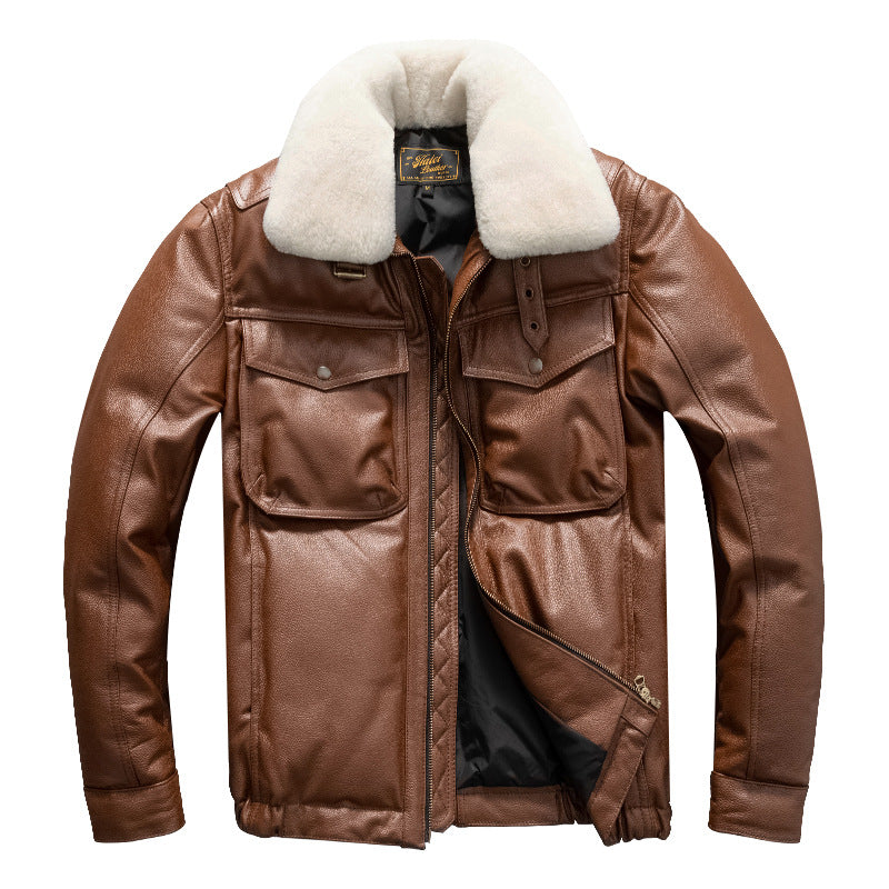 Men's first-layer cowhide down jacket, warm plus size genuine leather jacket, short plus size coat