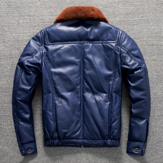 Men's top layer sheepskin leather down jacket warm short fur collar leather jacket large size winter coat