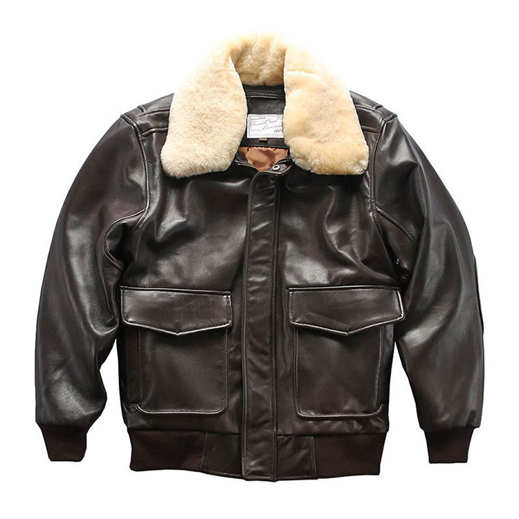 Men's sheepskin jacket with wool collar, casual aviation flight suit leather coat.