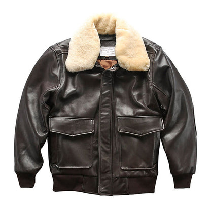 Men's sheepskin jacket with wool collar, casual aviation flight suit leather coat.