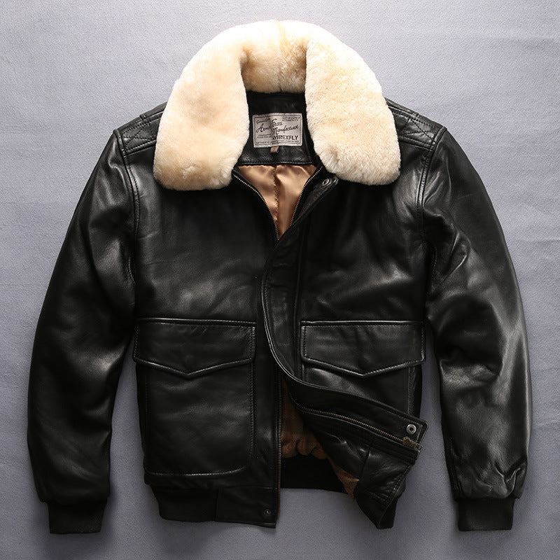 Men's sheepskin jacket with wool collar, casual aviation flight suit leather coat.