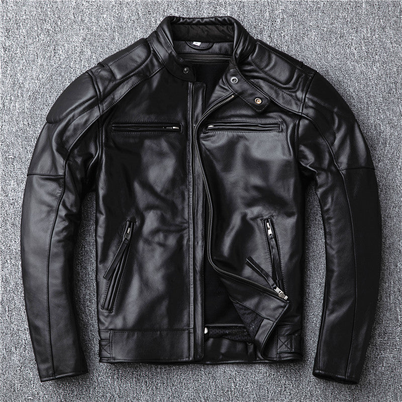 Men's genuine leather jacket, stand-up collar, top-grain cowhide motorcycle leather jacket, detachable liner