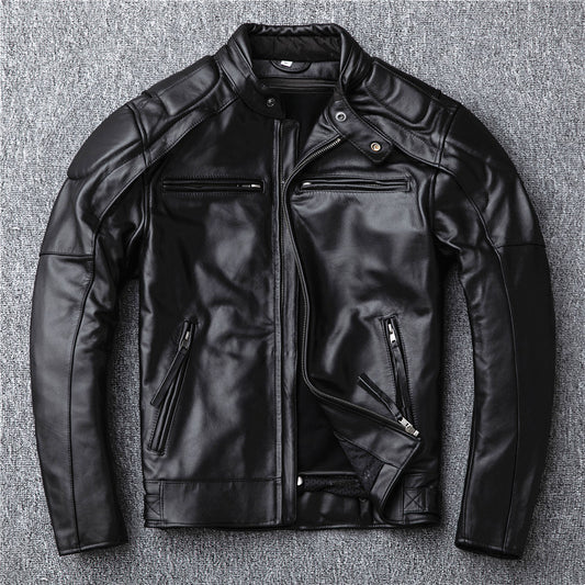 Men's genuine leather jacket, stand-up collar, top-grain cowhide motorcycle leather jacket, detachable liner