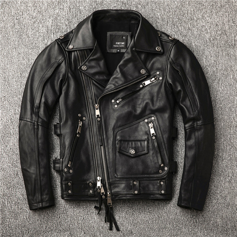 Men's motorcycle clothing top layer cowhide genuine leather jacket