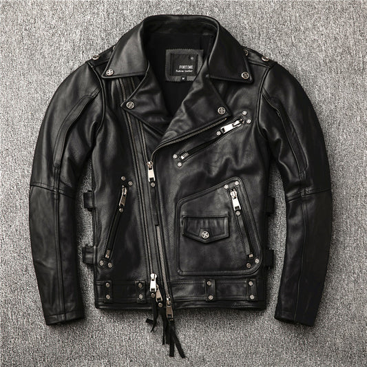 Men's motorcycle clothing top layer cowhide genuine leather jacket