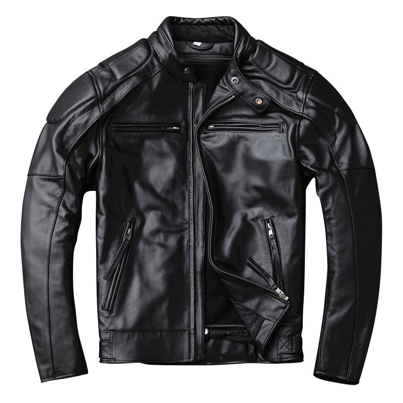 Men's genuine leather jacket, stand-up collar, top-grain cowhide motorcycle leather jacket, detachable liner