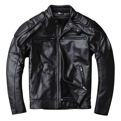 Men's genuine leather jacket, stand-up collar, top-grain cowhide motorcycle leather jacket, detachable liner