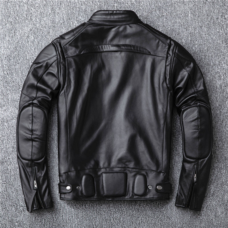 Men's genuine leather jacket, stand-up collar, top-grain cowhide motorcycle leather jacket, detachable liner