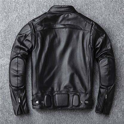 Men's genuine leather jacket, stand-up collar, top-grain cowhide motorcycle leather jacket, detachable liner