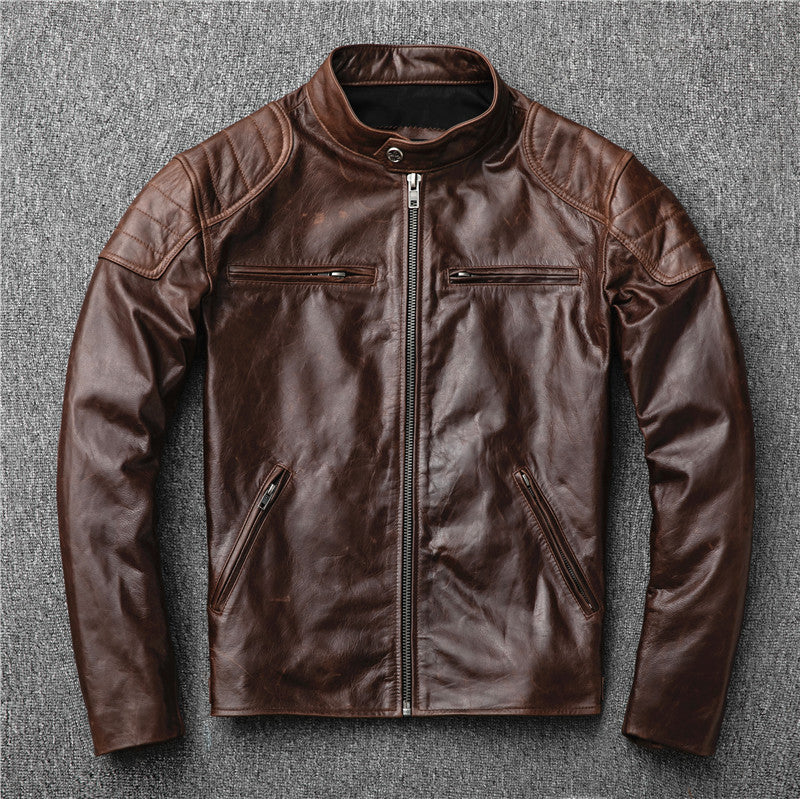 Men's genuine leather goat leather stand collar short jacket