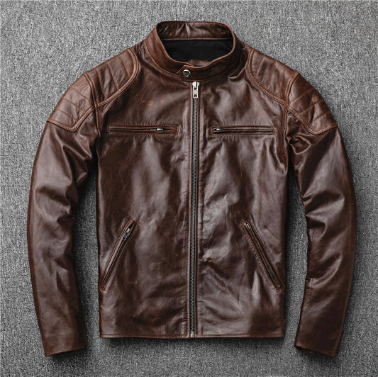 Men's genuine leather goat leather stand collar short jacket