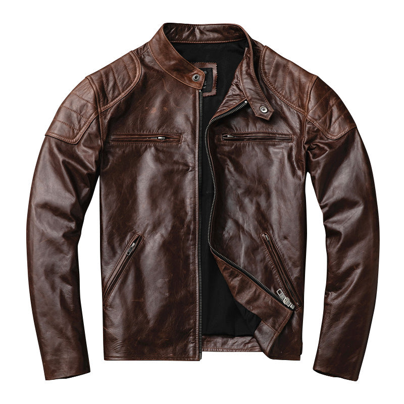 Men's genuine leather goat leather stand collar short jacket
