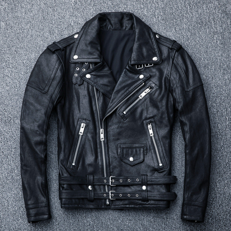 Men's genuine leather jacket, distressed youth motorcycle leather jacket