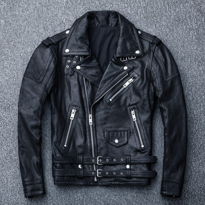 Men's genuine leather jacket, distressed youth motorcycle leather jacket