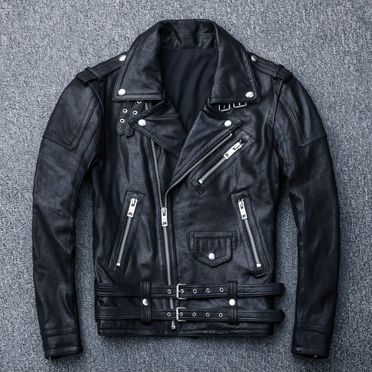 Men's genuine leather jacket, distressed youth motorcycle leather jacket