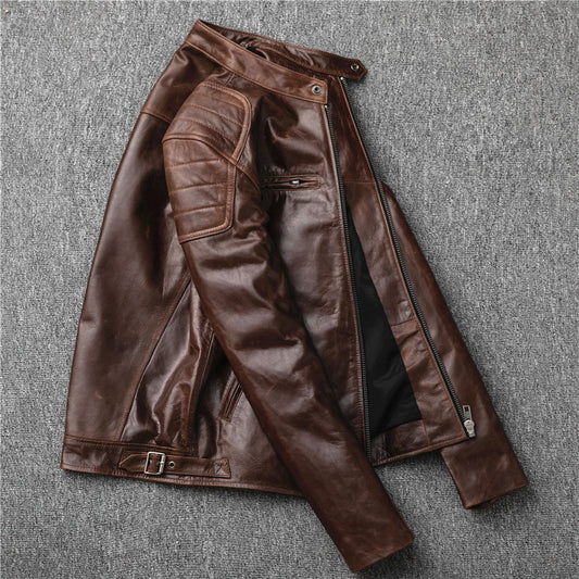 Men's genuine leather goat leather stand collar short jacket