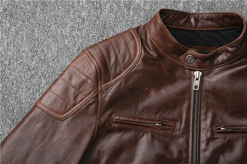 Men's genuine leather goat leather stand collar short jacket