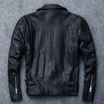 Men's genuine leather jacket, distressed youth motorcycle leather jacket