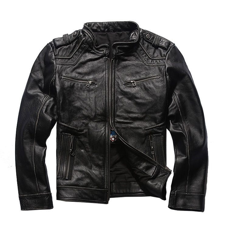 Men's motorcycle jacket with stand collar and distressed cowhide leather jacket
