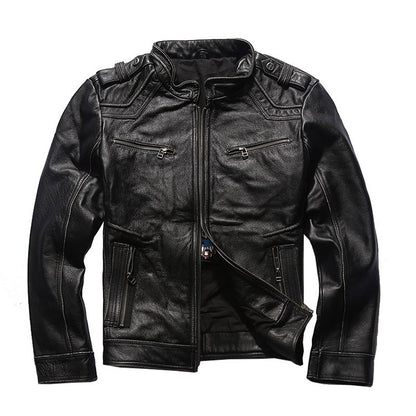 Men's motorcycle jacket with stand collar and distressed cowhide leather jacket