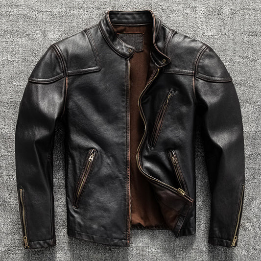 Men's vintage short slim leather jacket made of top quality horsehide leather, perfect for motorcycle riding