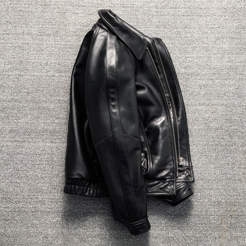 Men's casual short lapel leather jacket made of top-grain sheepskin