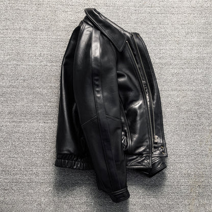 Men's casual short lapel leather jacket made of top-grain sheepskin