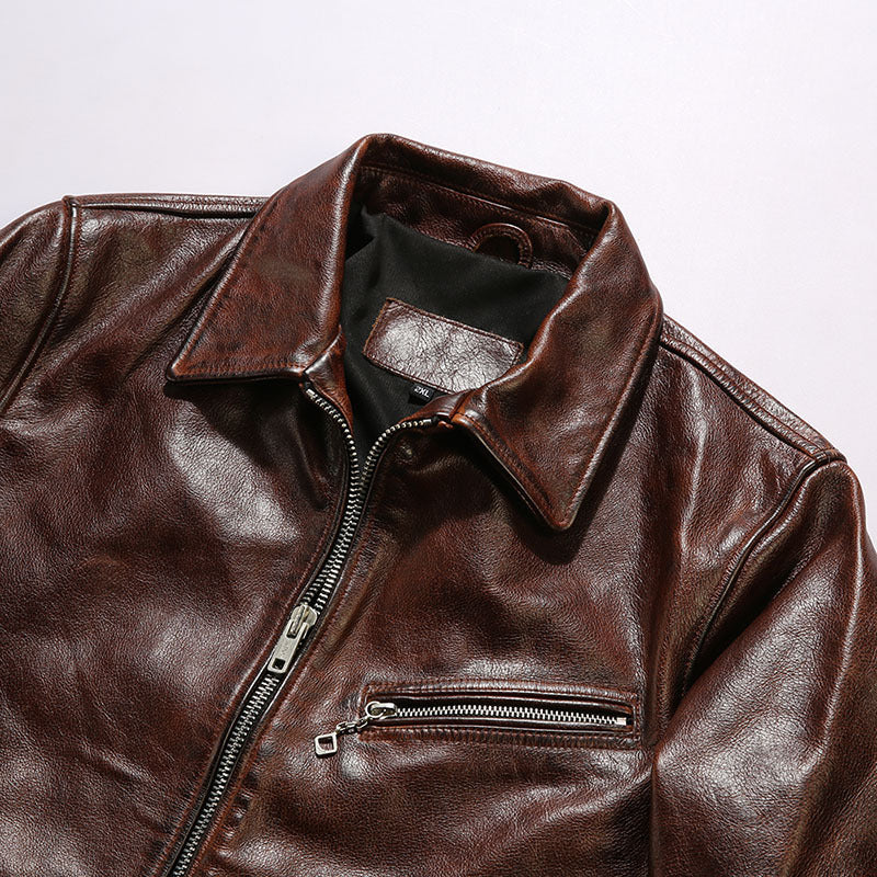 Brown vegetable tanned waxed cowhide leather lapel 1930 casual leather jacket