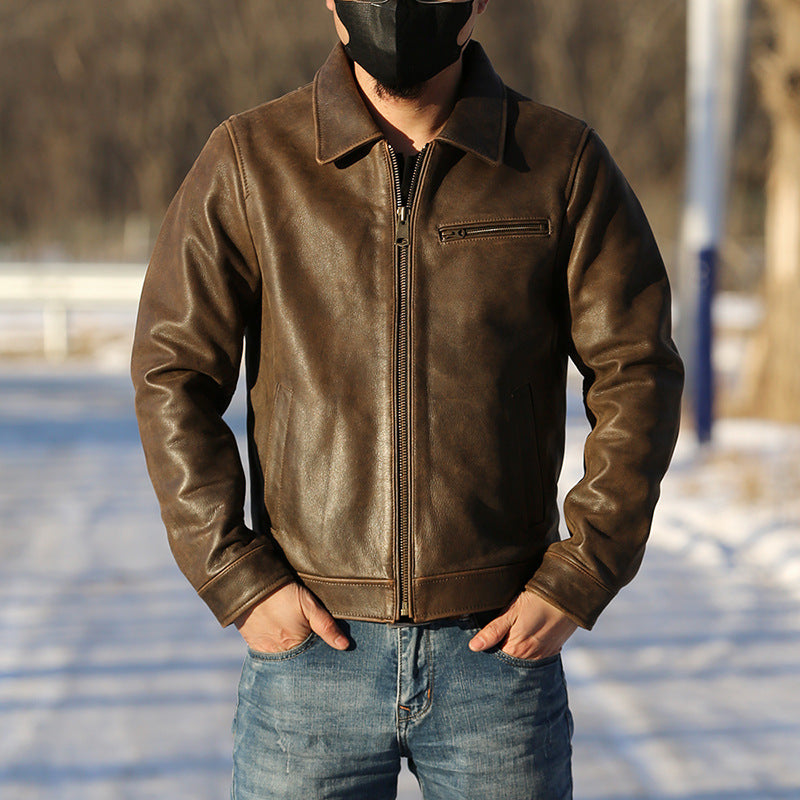 Retro American style genuine leather jacket for men, casual replica RL cowhide leather coat