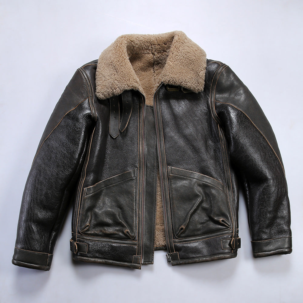 Replica RLB3 sheepskin flight suit, men's distressed horsehide leather jacket
