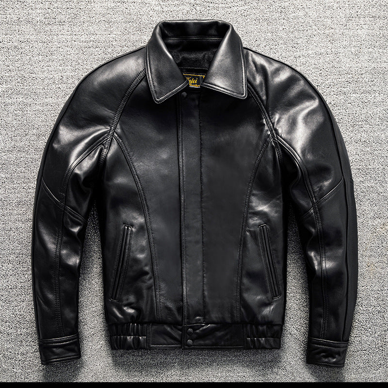 Men's casual short lapel leather jacket made of top-grain sheepskin