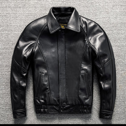 Men's casual short lapel leather jacket made of top-grain sheepskin