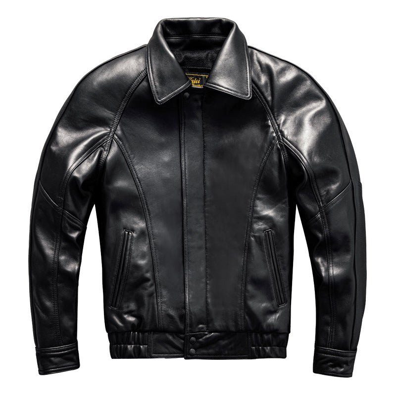 Men's casual short lapel leather jacket made of top-grain sheepskin