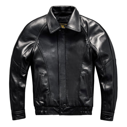 Men's casual short lapel leather jacket made of top-grain sheepskin